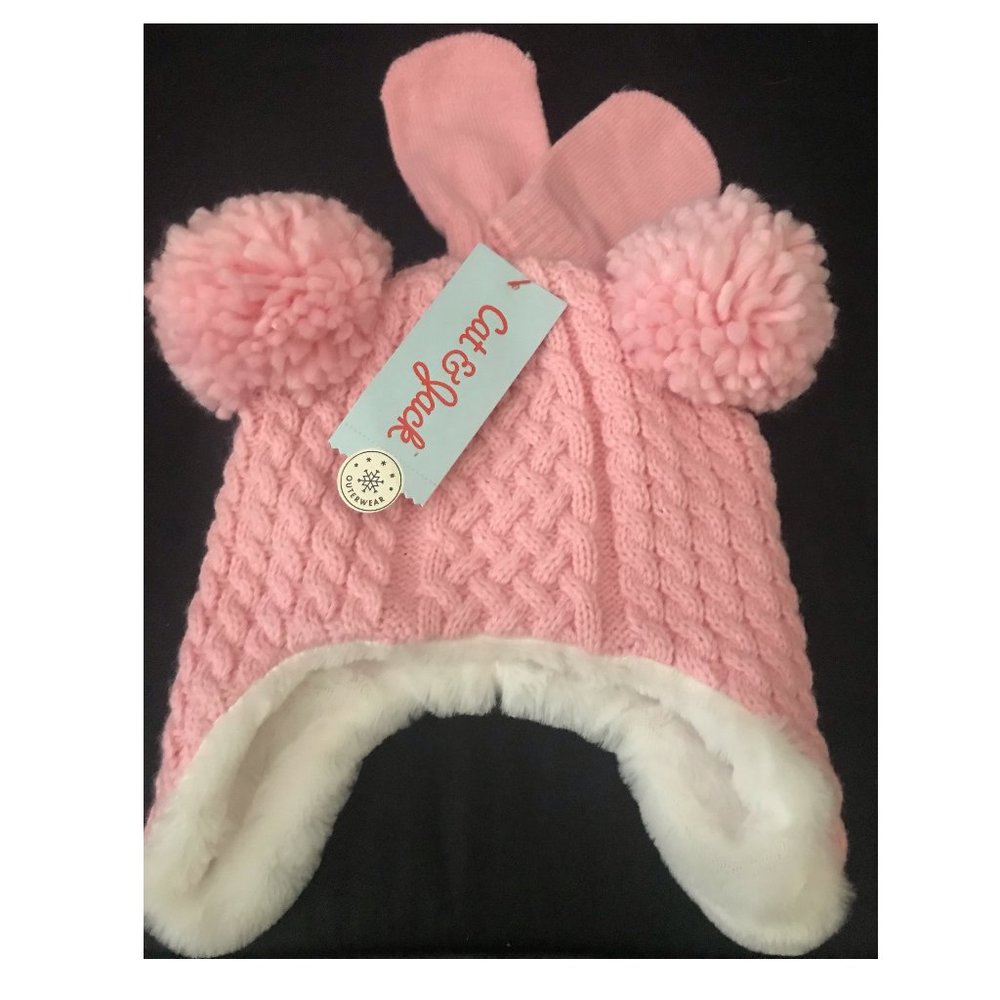 NEW Baby Girl Knit Cable Beanie Hat & Mittens Set